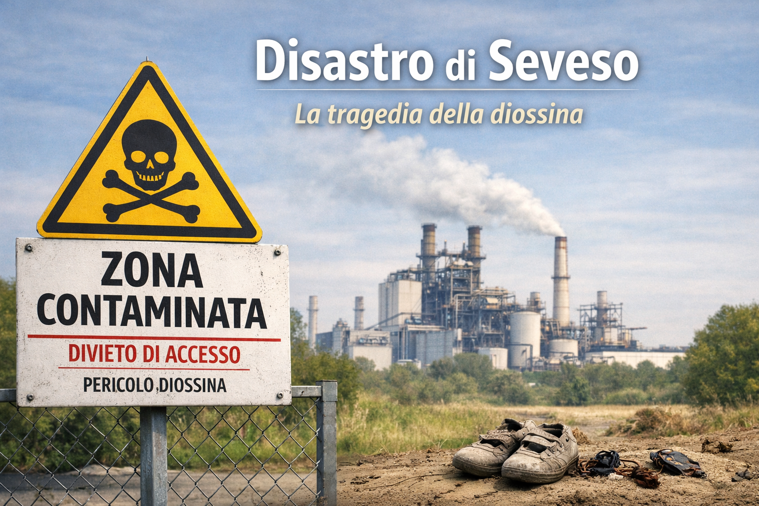 Cartello di pericolo con teschio e scritta “Zona contaminata” davanti a fabbrica industriale con fumo.
